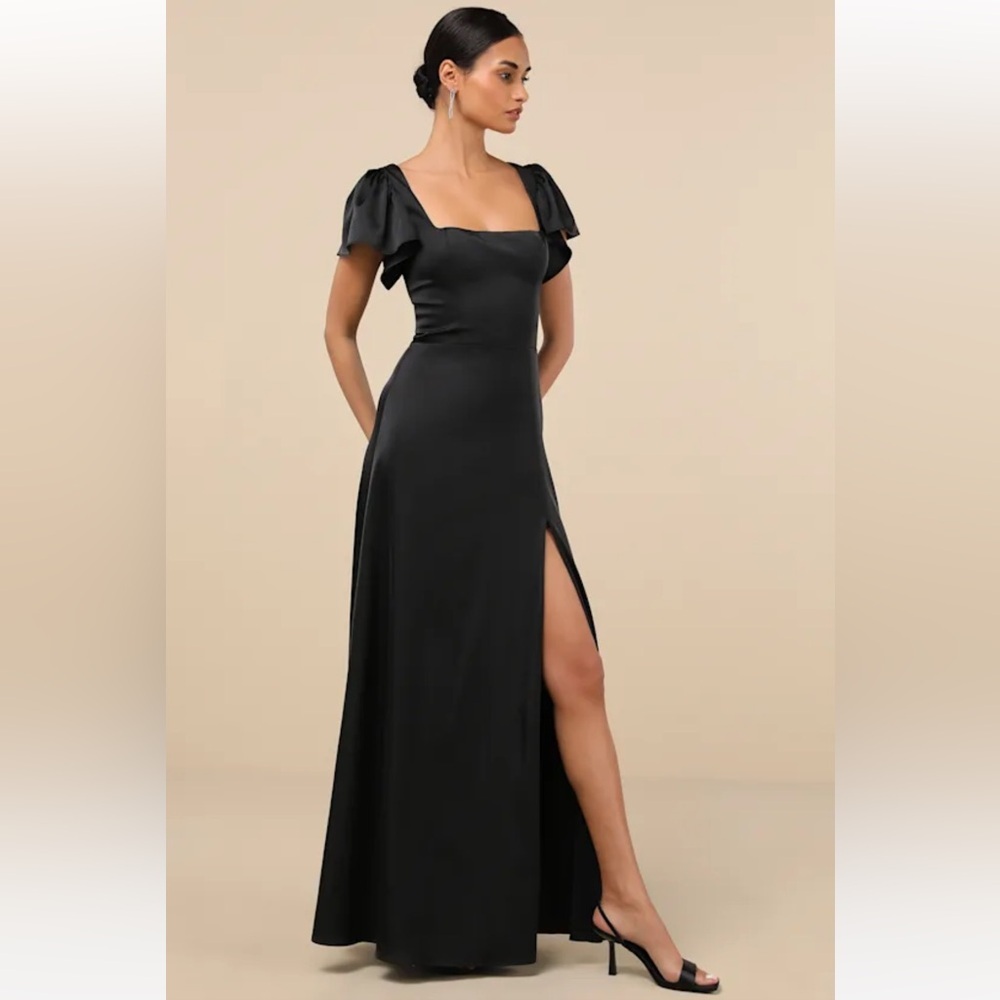 NWT Lulus Ultimate Sweetness Black Satin Flutter Sleeve Maxi Dress Elegant M - Picture 4 of 6